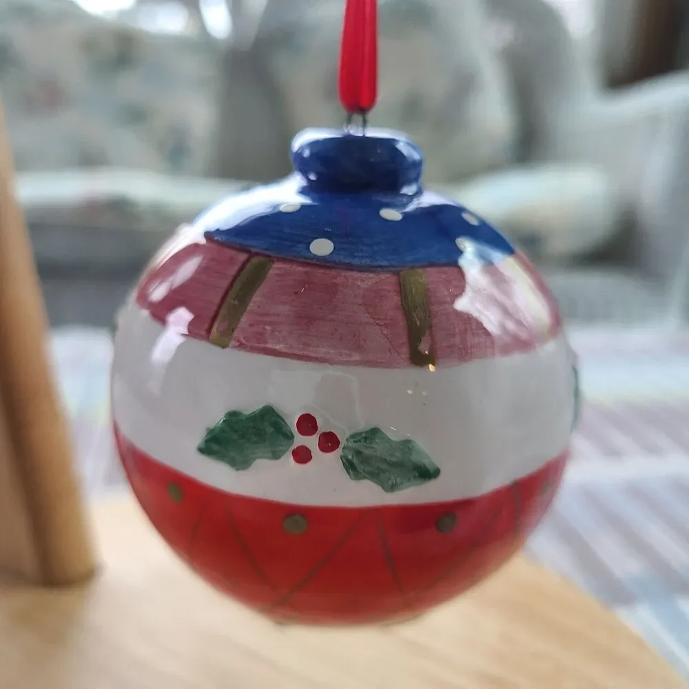 Vintage Hand-Painted Handmade Ceramic Christmas Ornament Holly Berry Red Ribbon